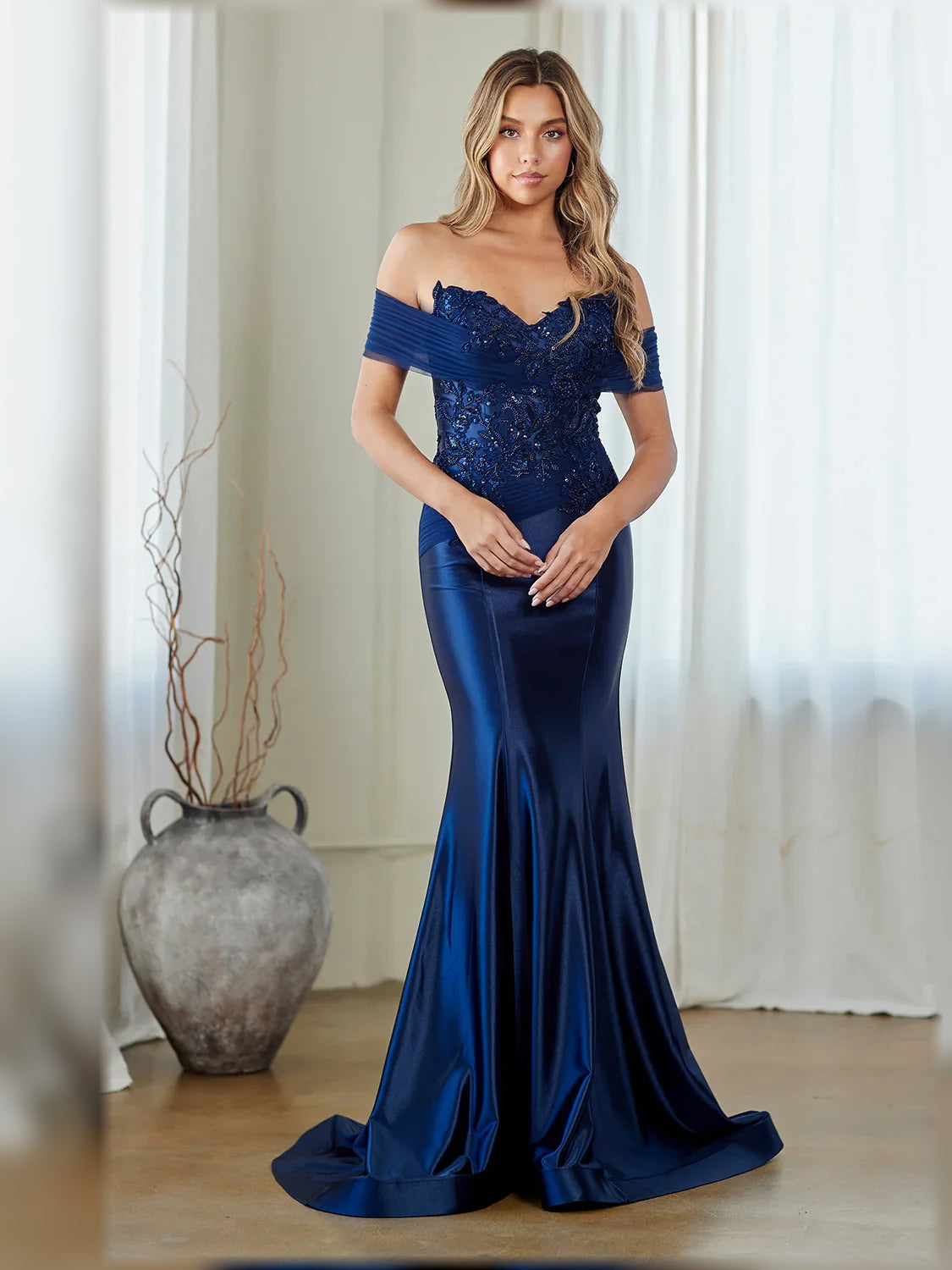 Dark blue off-shoulder beaded mermaid formal gown, fitted floor-length silhouette