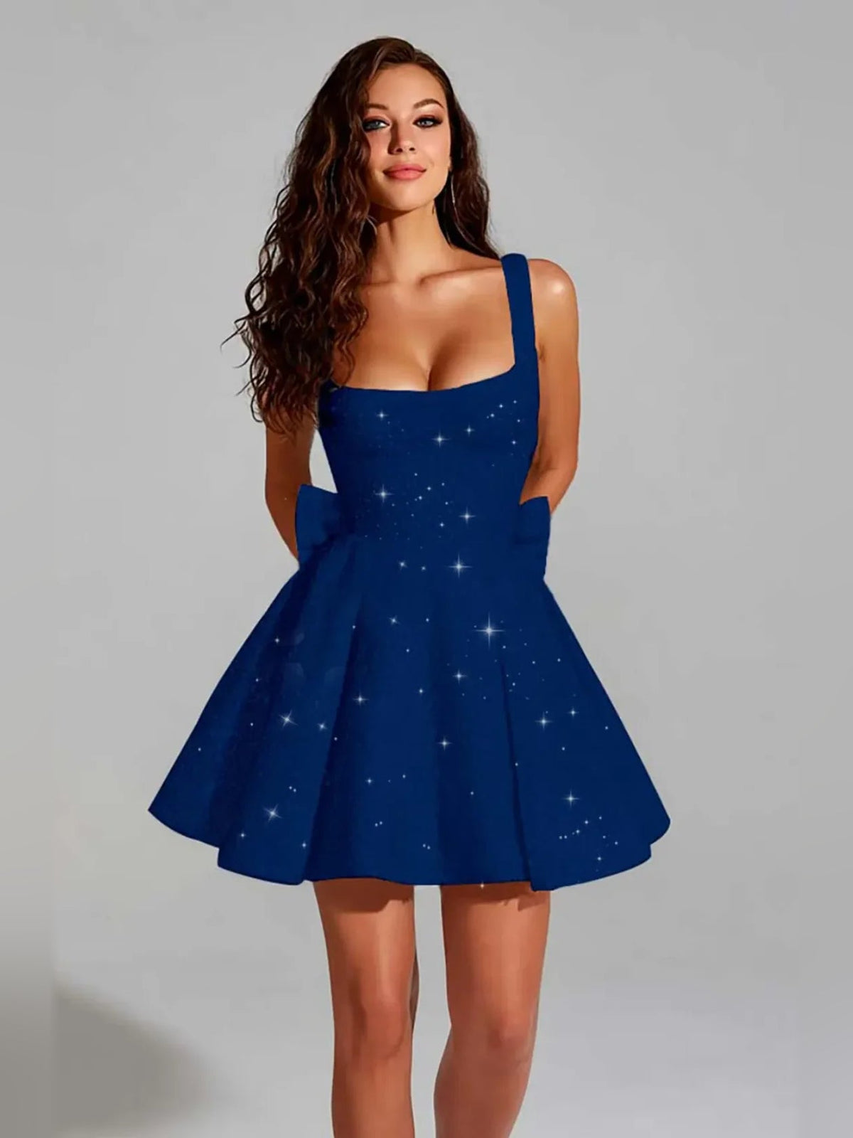 Dark blue sequin square-neck A-line mini dress with flared skirt
