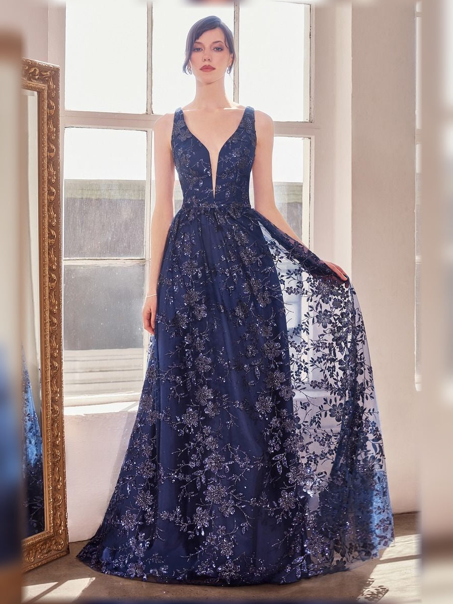 Dark blue floral print V-neck A-line formal dress, sleeveless, flowing floor-length skirt