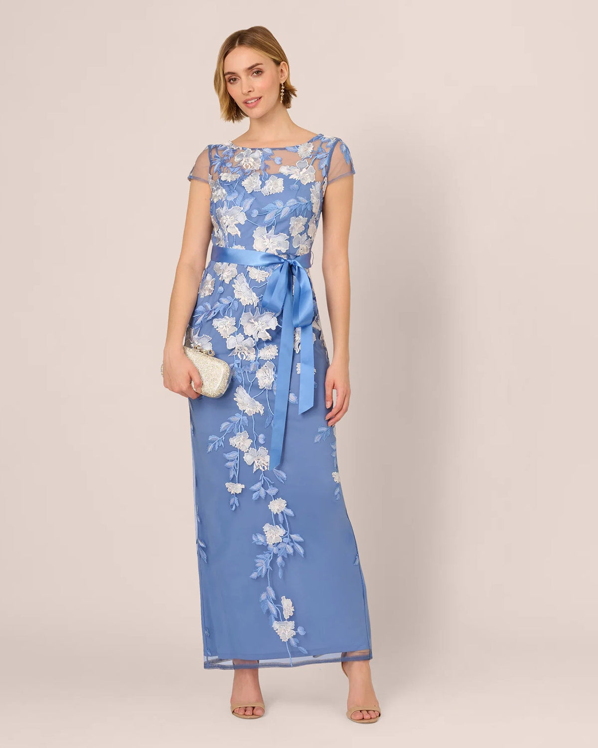 Blue floral short-sleeve A-line maxi dress, sheer yoke, waist ribbon, front view