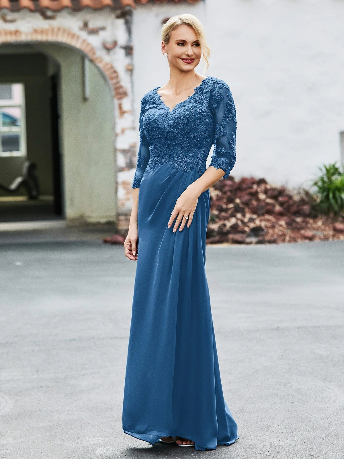 Ink blue lace sheath formal dress with V-neck and 3/4 sleeves, floor-length fitted skirt