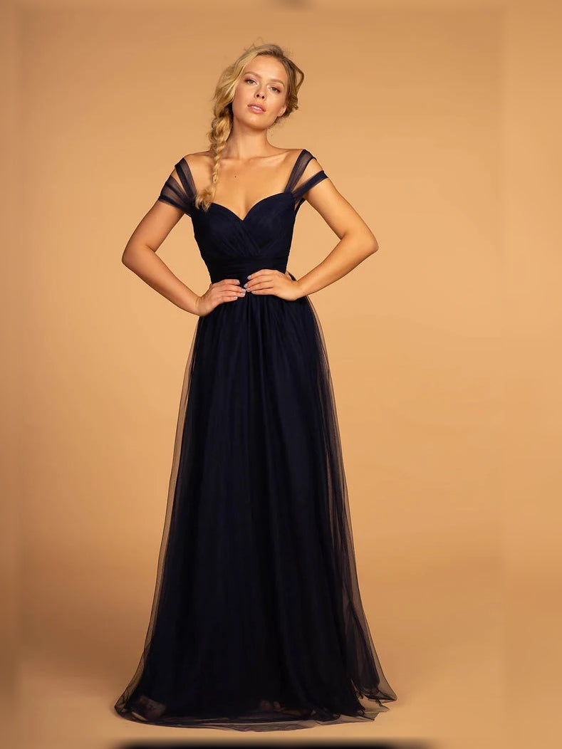 Ink blue off-shoulder pleated A-line tulle gown, front view, floor length