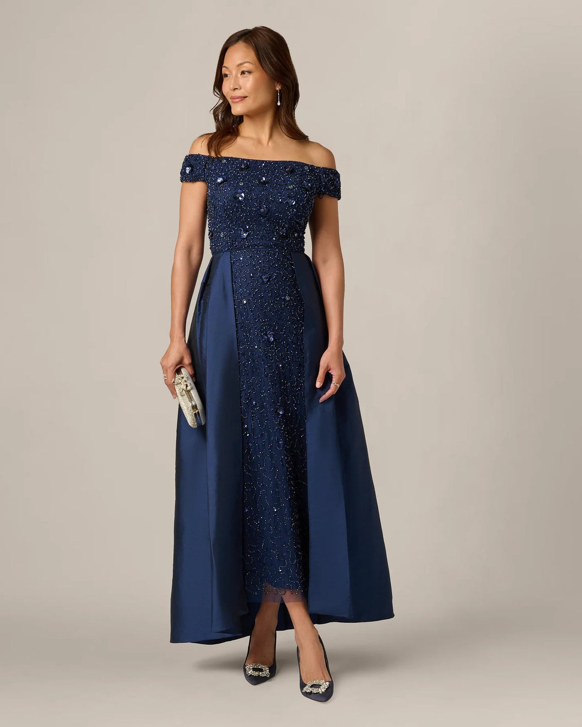 Light navy off-shoulder A-line maxi dress full-body front view with sparkling sequins