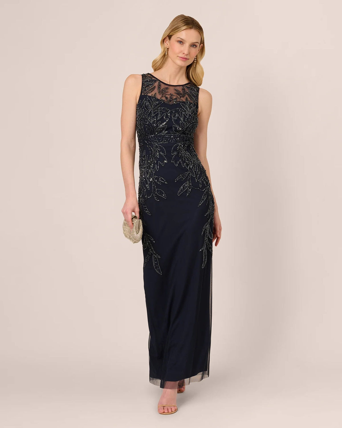Midnight blue sleeveless maxi sheath dress with ornate beaded floral embroidery
