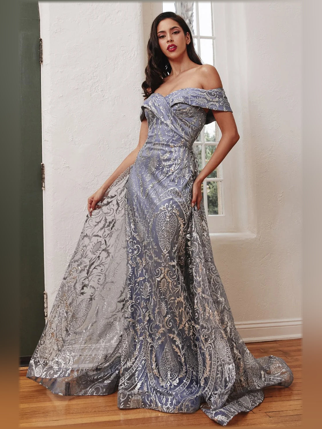 Light blue off-shoulder mermaid formal dress, sweetheart neckline, floor-length