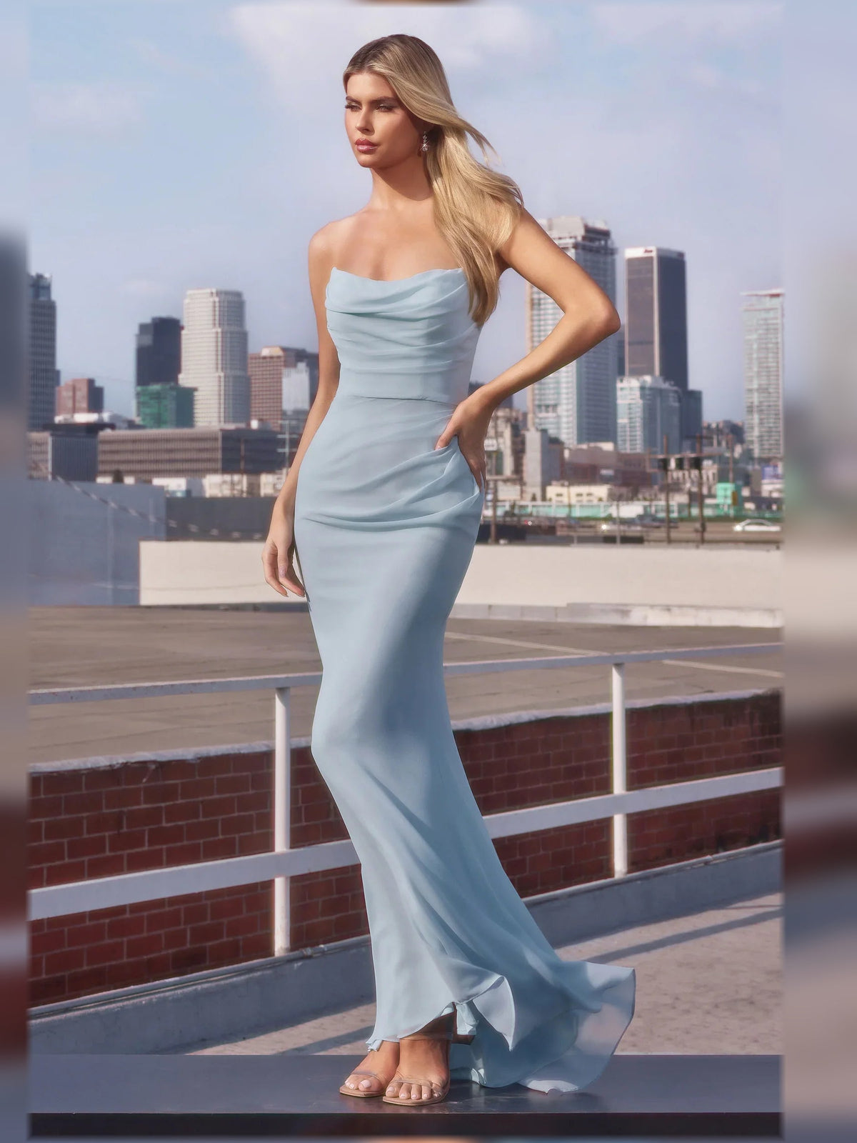 Strapless ruched floor-length formal dress in mist blue with smooth fitted skirt
