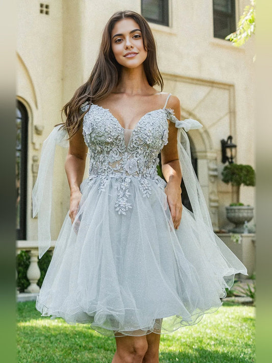 A-line short tulle dress with floral appliqué, V-neck and bow shoulder ties