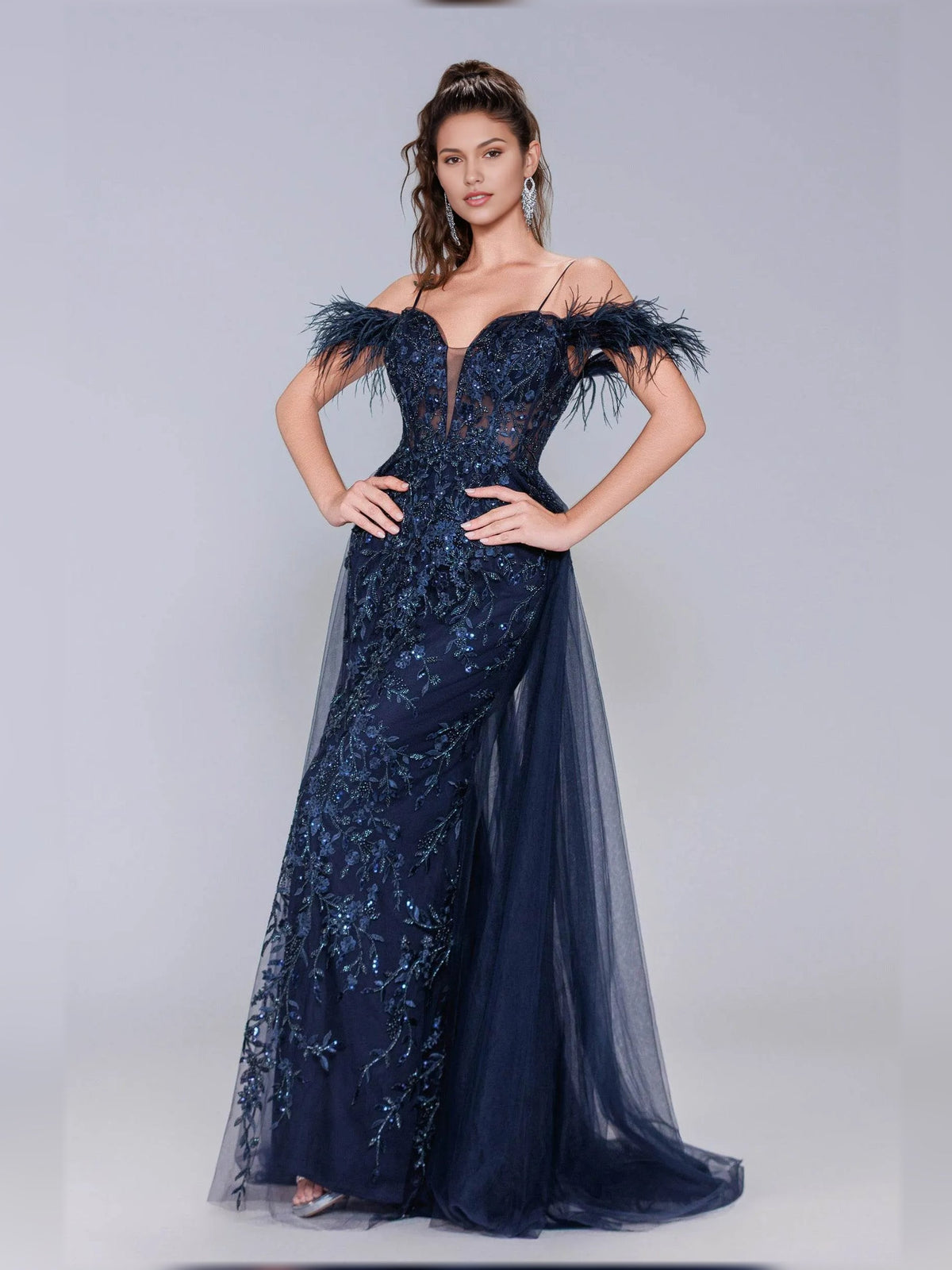 Navy off-shoulder corset formal dress with feather trim and tulle-overlay hem