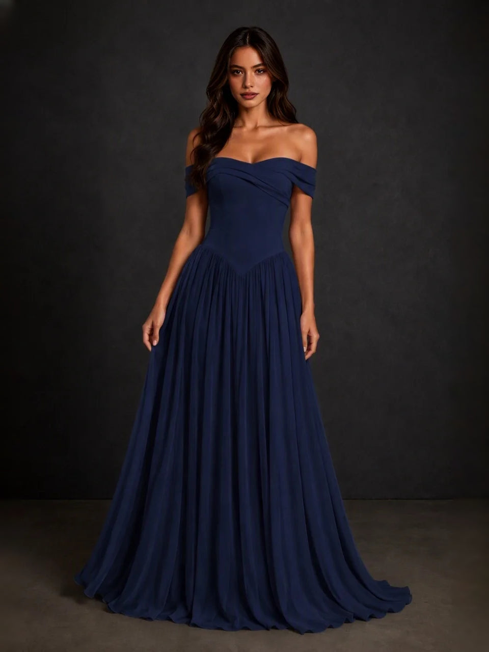 Corset sweetheart A-line floor-length dress in navy blue with draped bodice