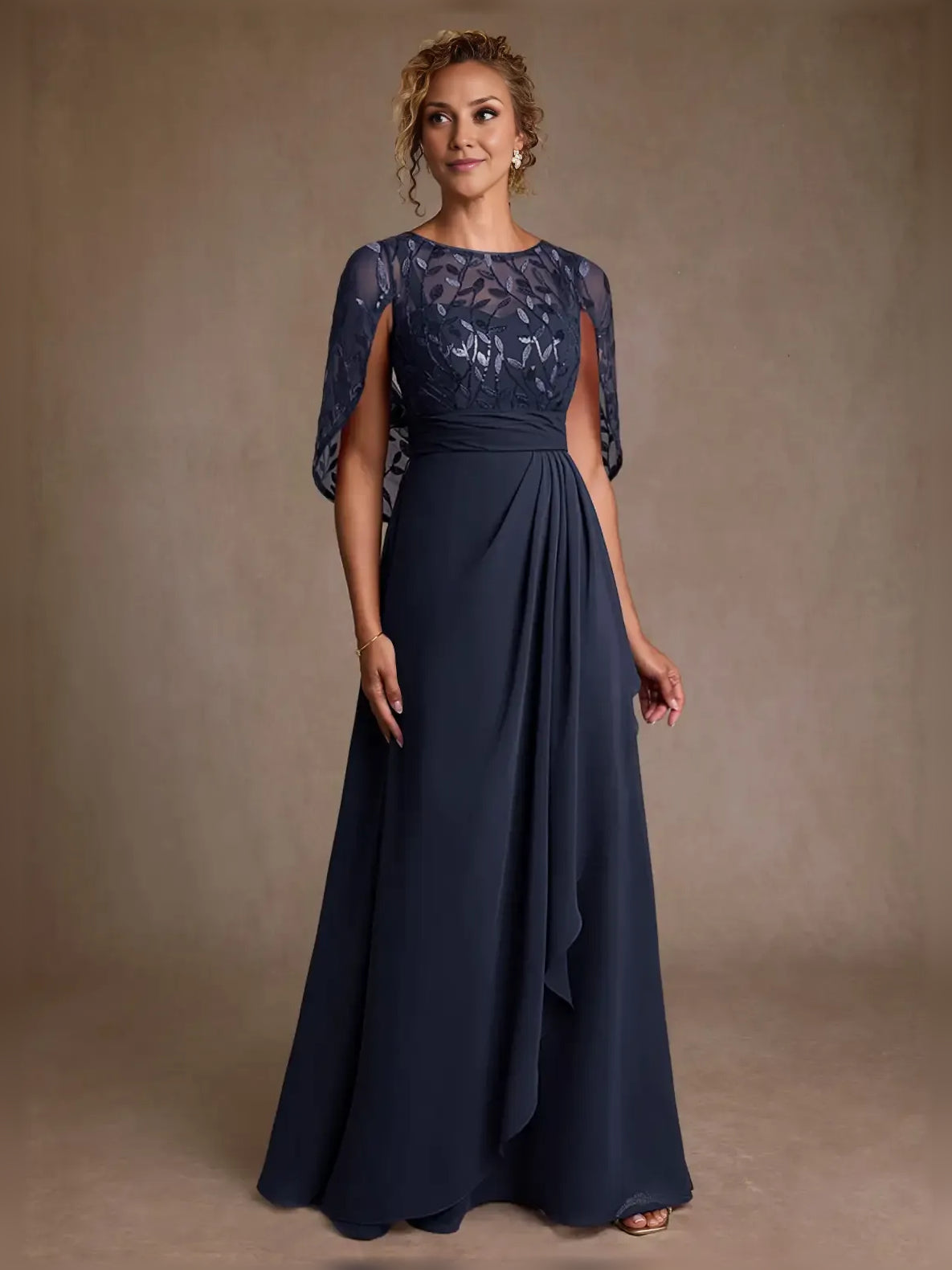 Navy embroidered cap-sleeve A-line maxi chiffon dress with draped waist and panel skirt