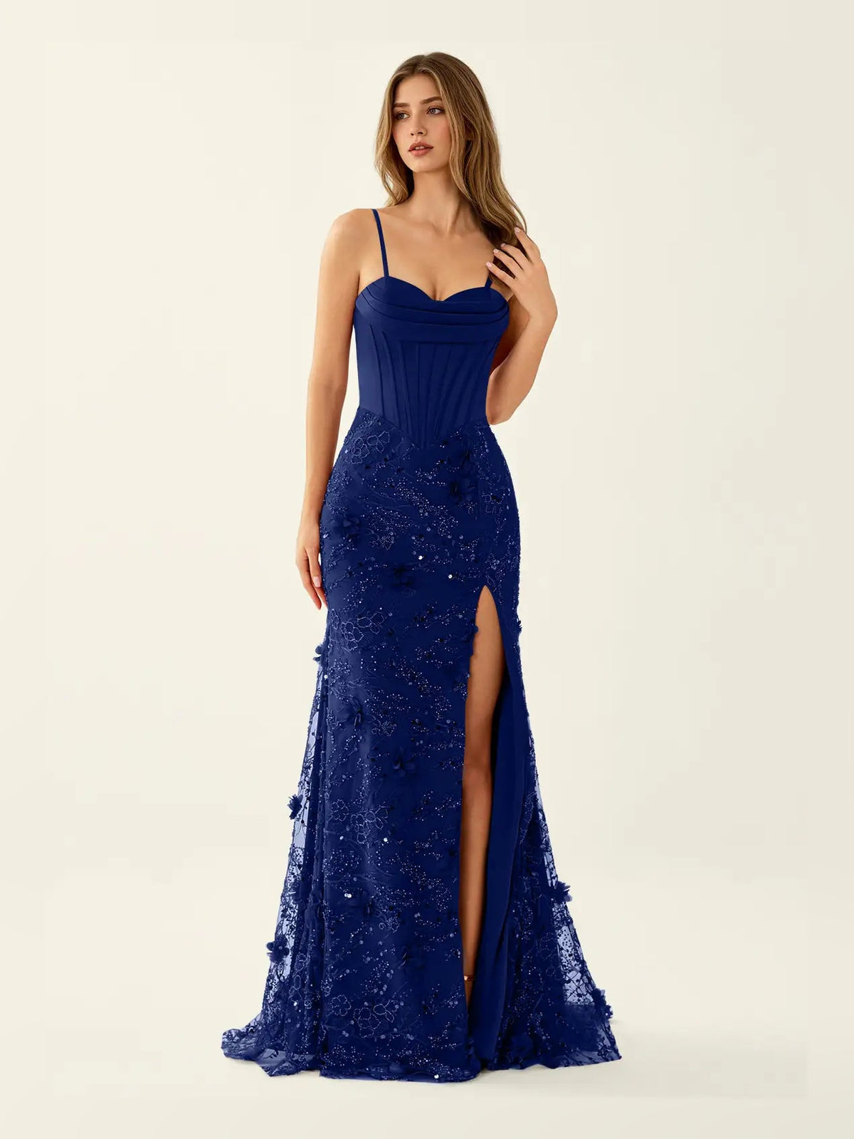 Navy blue sweetheart corset mermaid maxi dress with lace texture and side slit