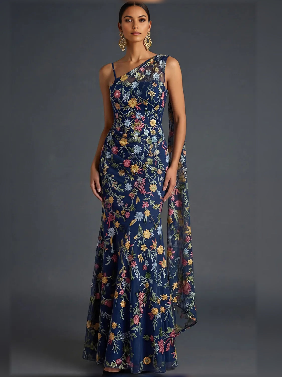 Floral print one-shoulder floor-length formal dress on navy base