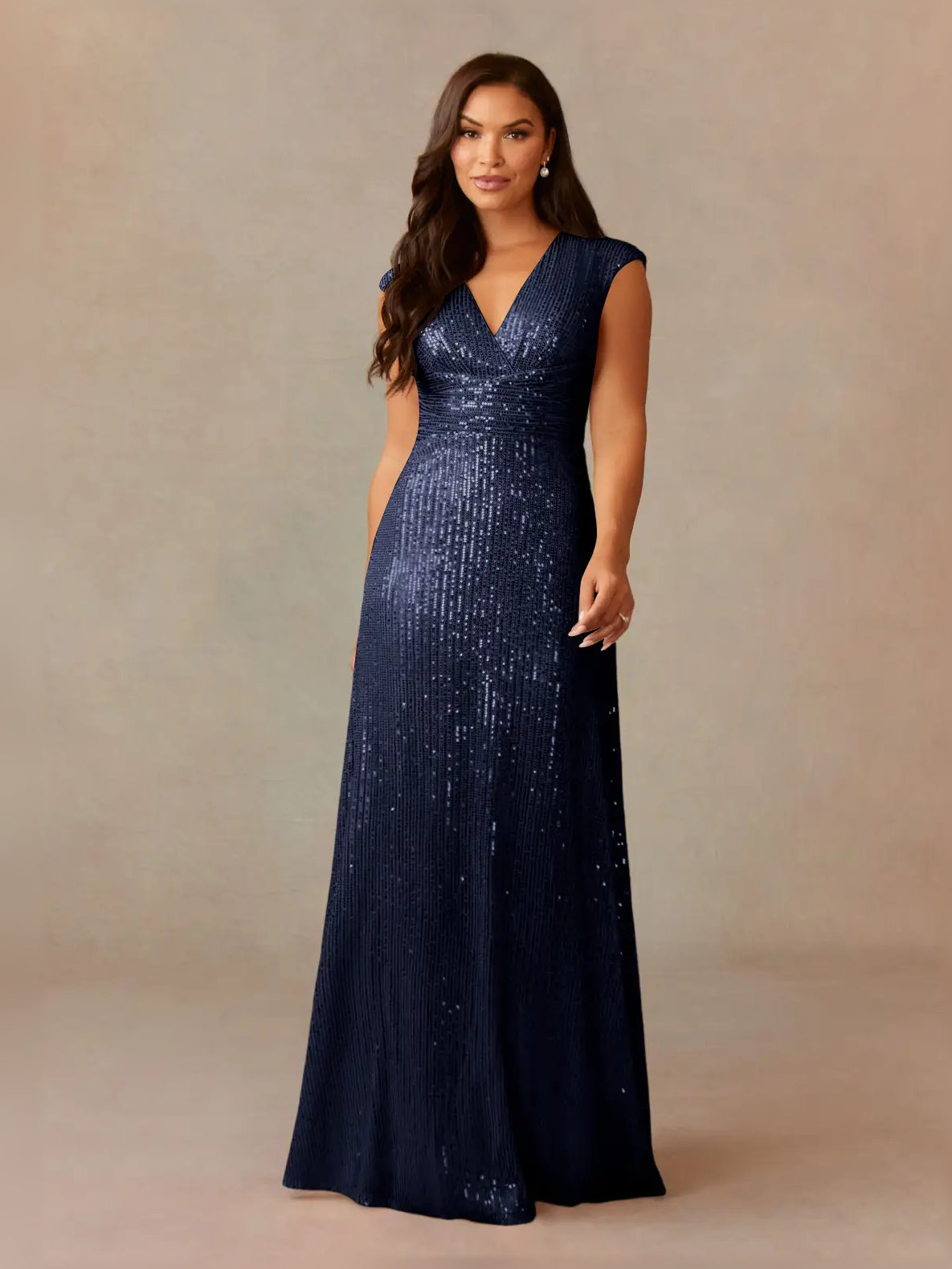 Navy blue sequined V-neck formal dress with ruching, floor-length skirt