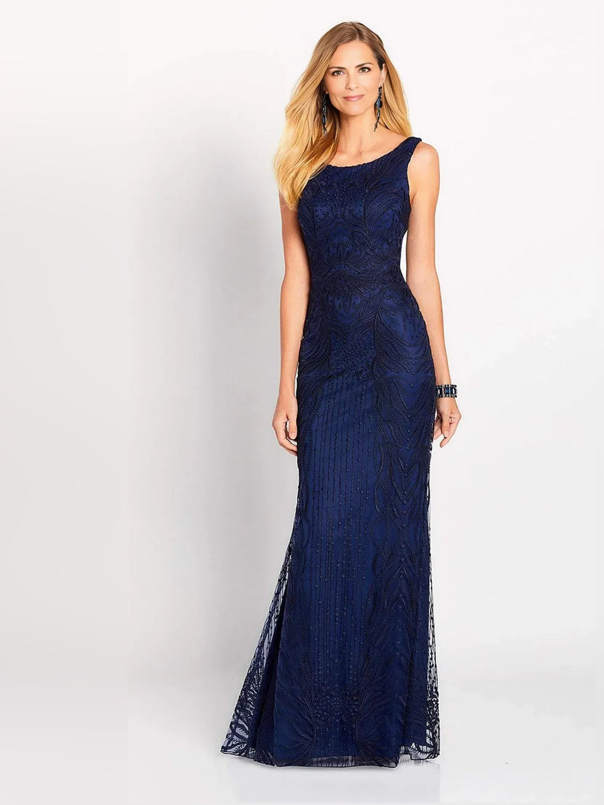 Navy one-shoulder beaded floor-length gown with side slit and fitted skirt