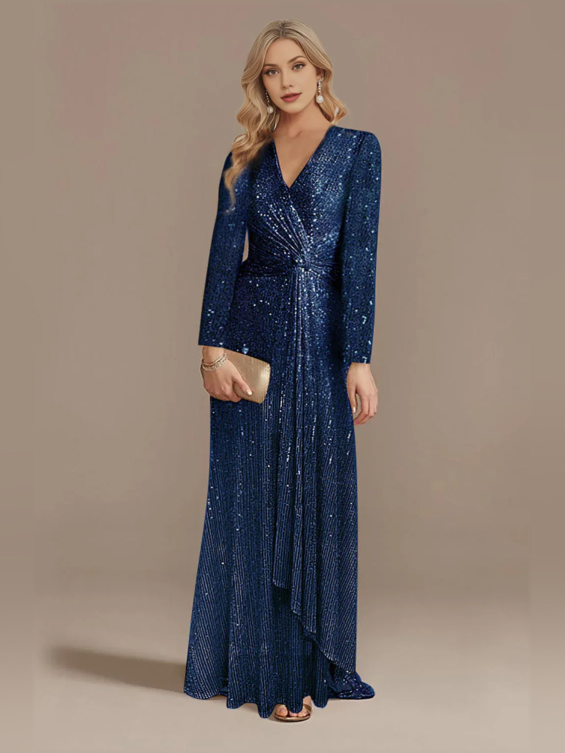 Navy blue V-neck long-sleeve formal dress with ruching texture and floor-length skirt