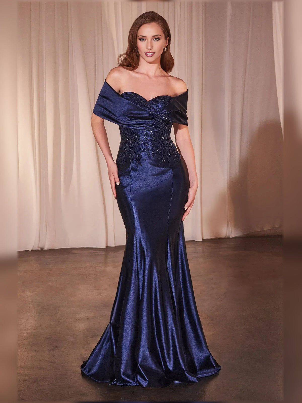 Navy off-shoulder mermaid formal dress with floral beaded bodice, full-length view