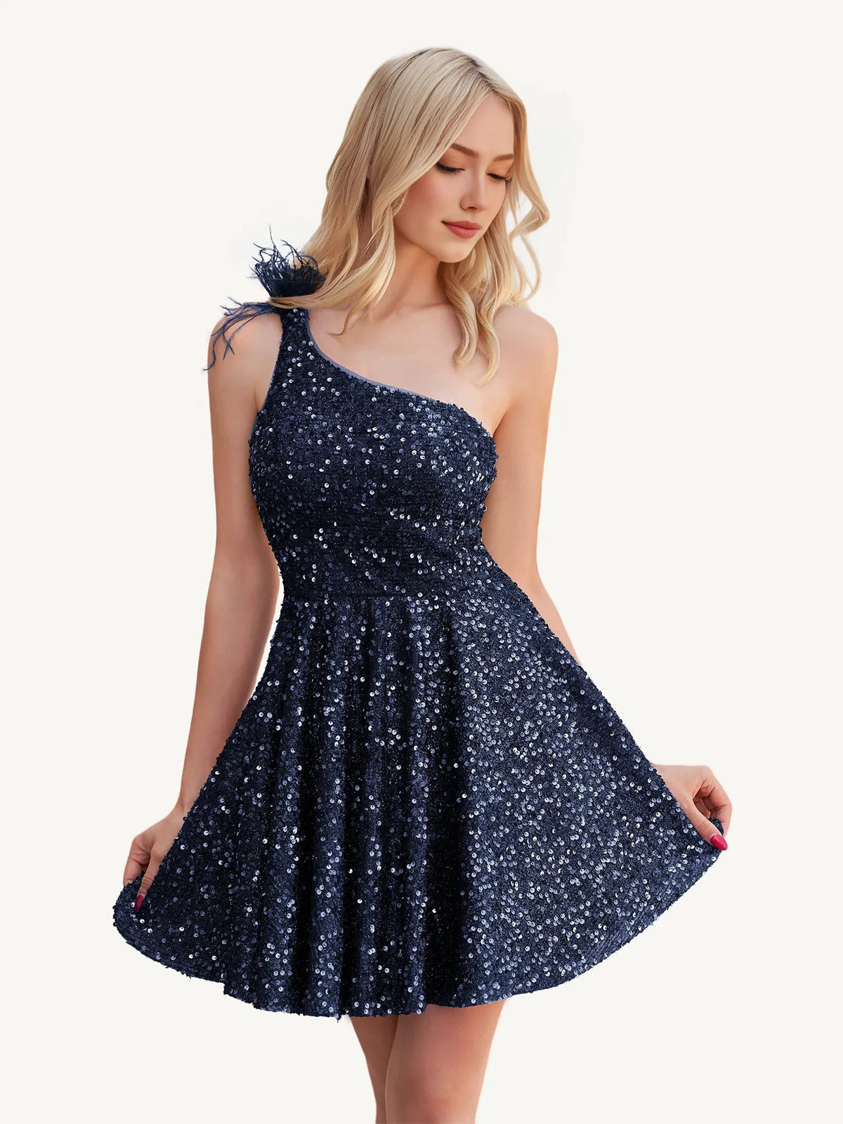 Black sequin one-shoulder A-line mini dress with feathered shoulder detail
