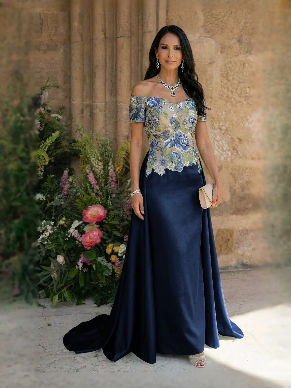 Navy blue embroidered satin sheath gown with sweetheart neckline and blue floral bodice
