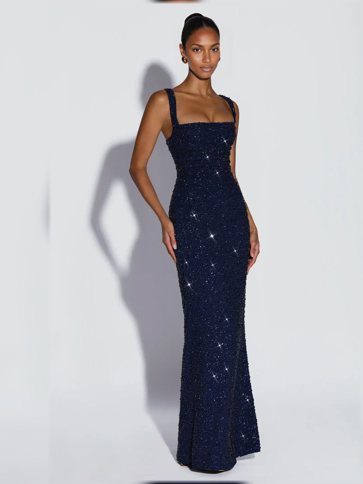 Navy blue square-neck corset-style formal dress, sleeveless, floor-length, sequined