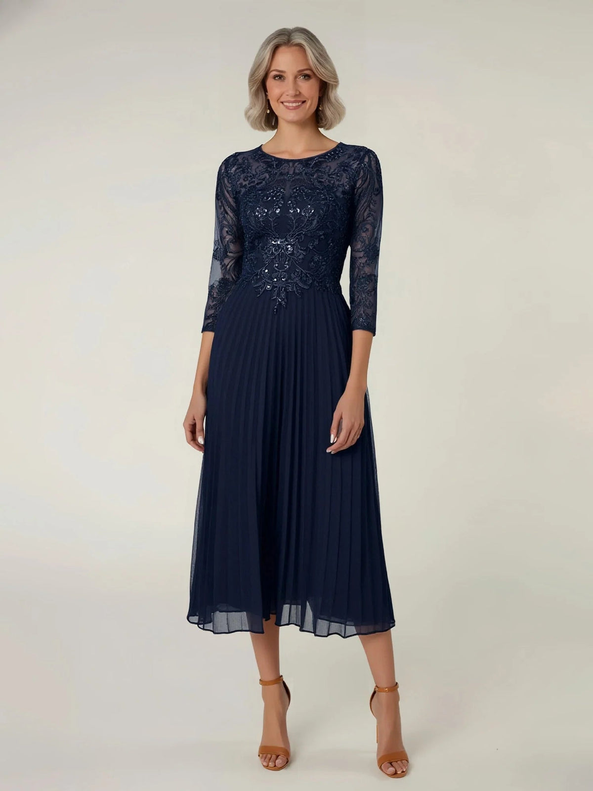 Navy embroidered chiffon midi mermaid dress, 3/4 sleeves and pleated round neck