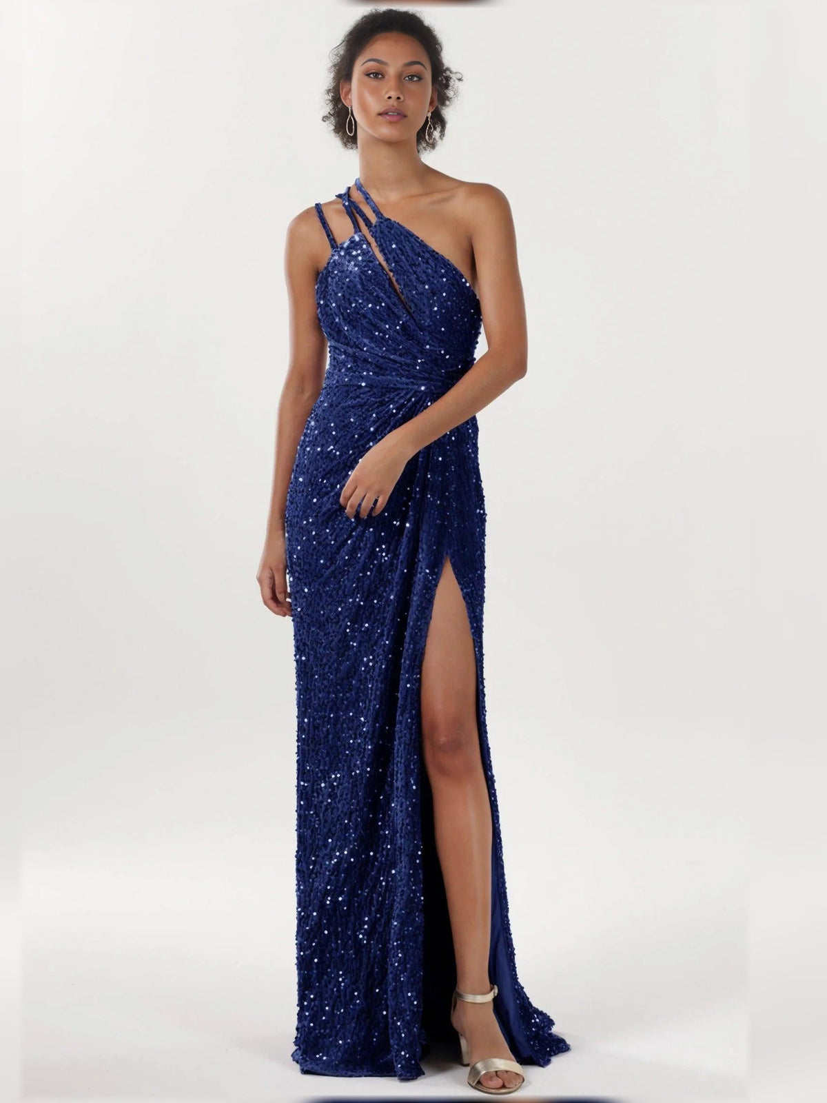 Glitter navy one-shoulder formal sheath dress with ruching and high slit