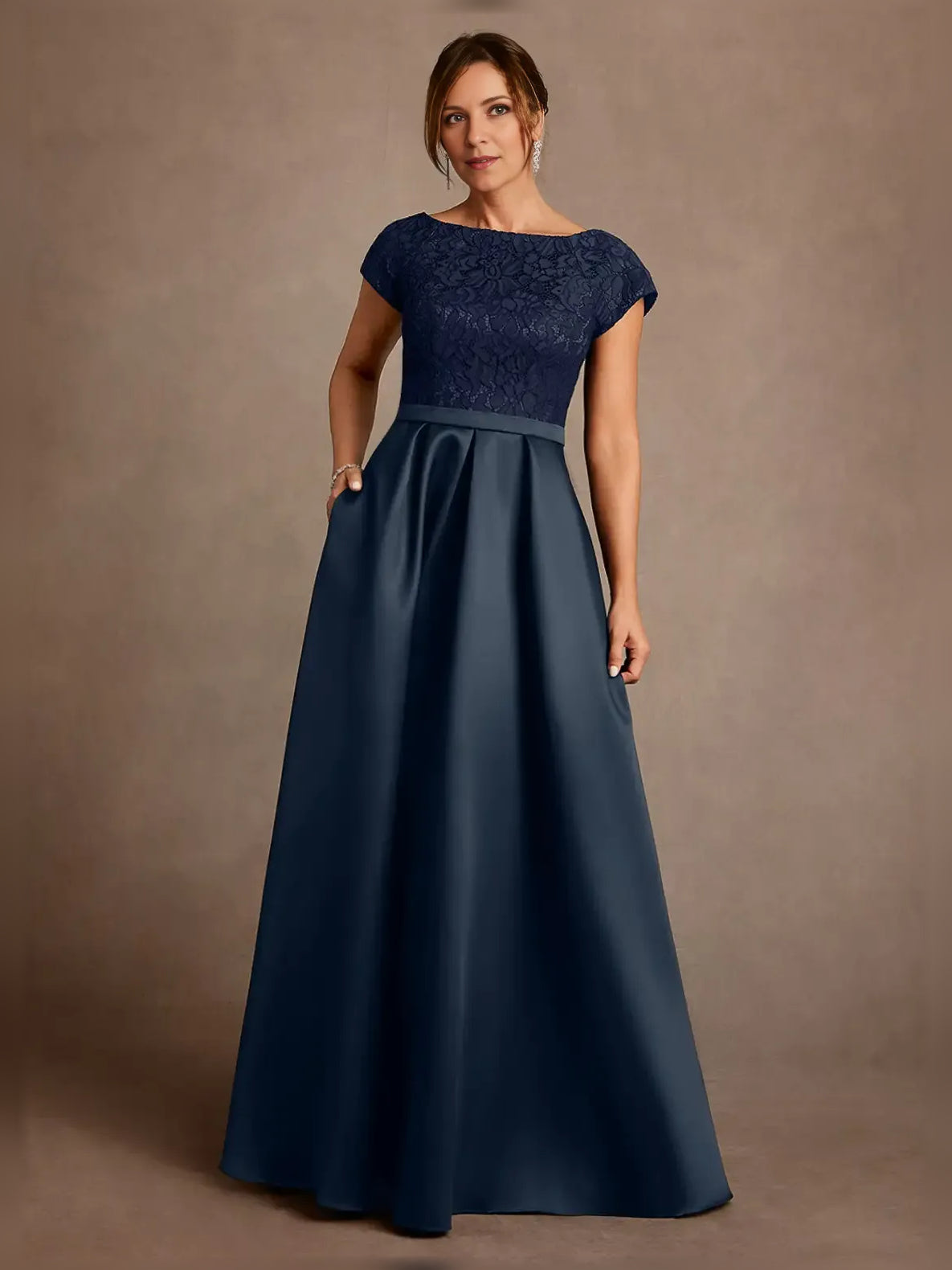 Navy lace boat-neck A-line satin mother-of-the-bride dress, front full length