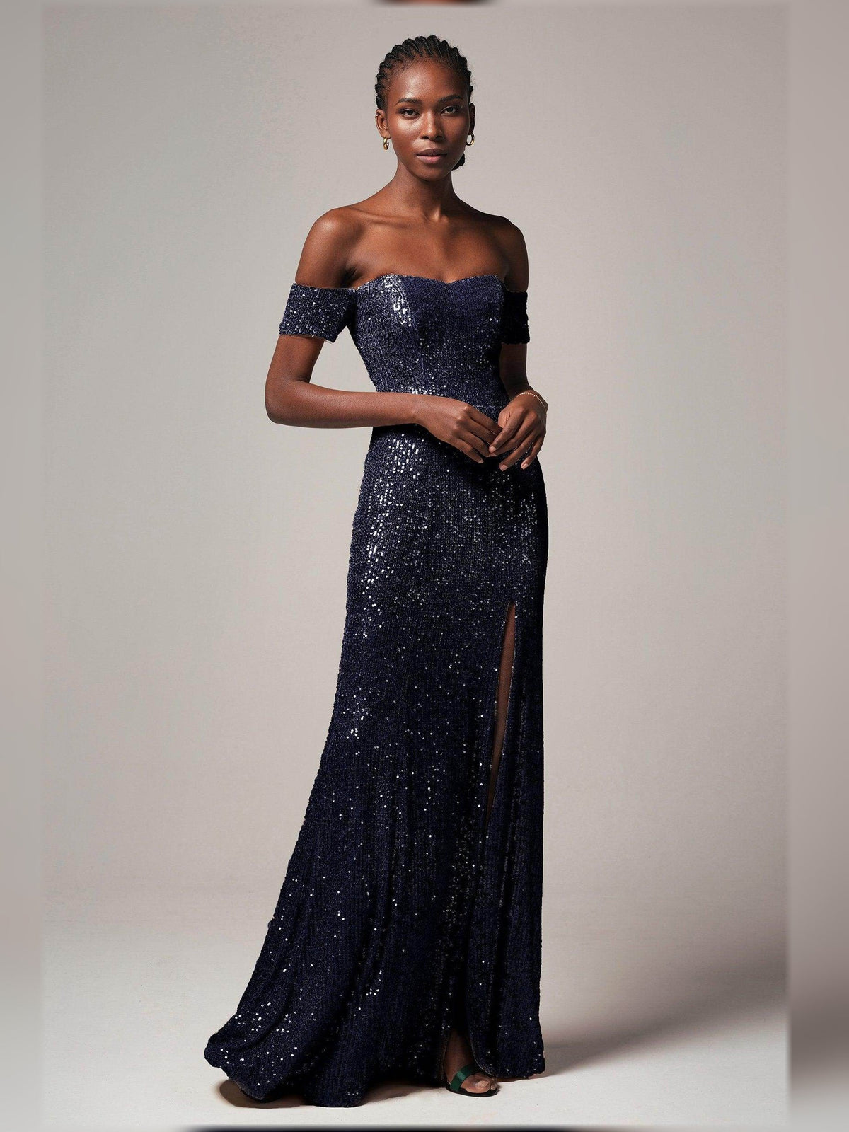 Navy sequin off-shoulder corset slit formal dress, floor-length