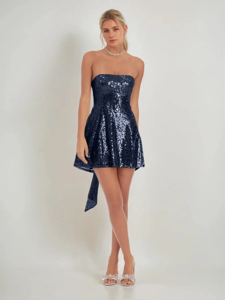 Bow sequin strapless A-line mini homecoming dress, navy blue shimmer with side bow