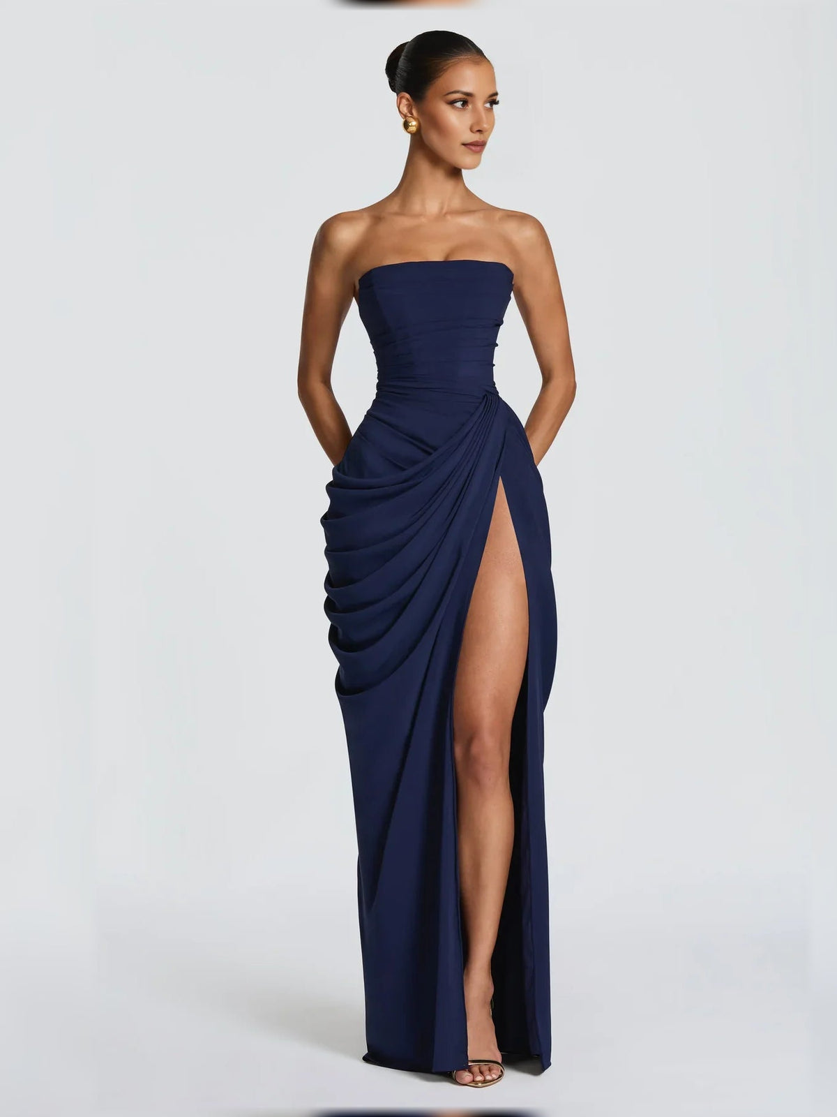 Off-shoulder corset formal dress, navy blue with ruched bodice and thigh slit