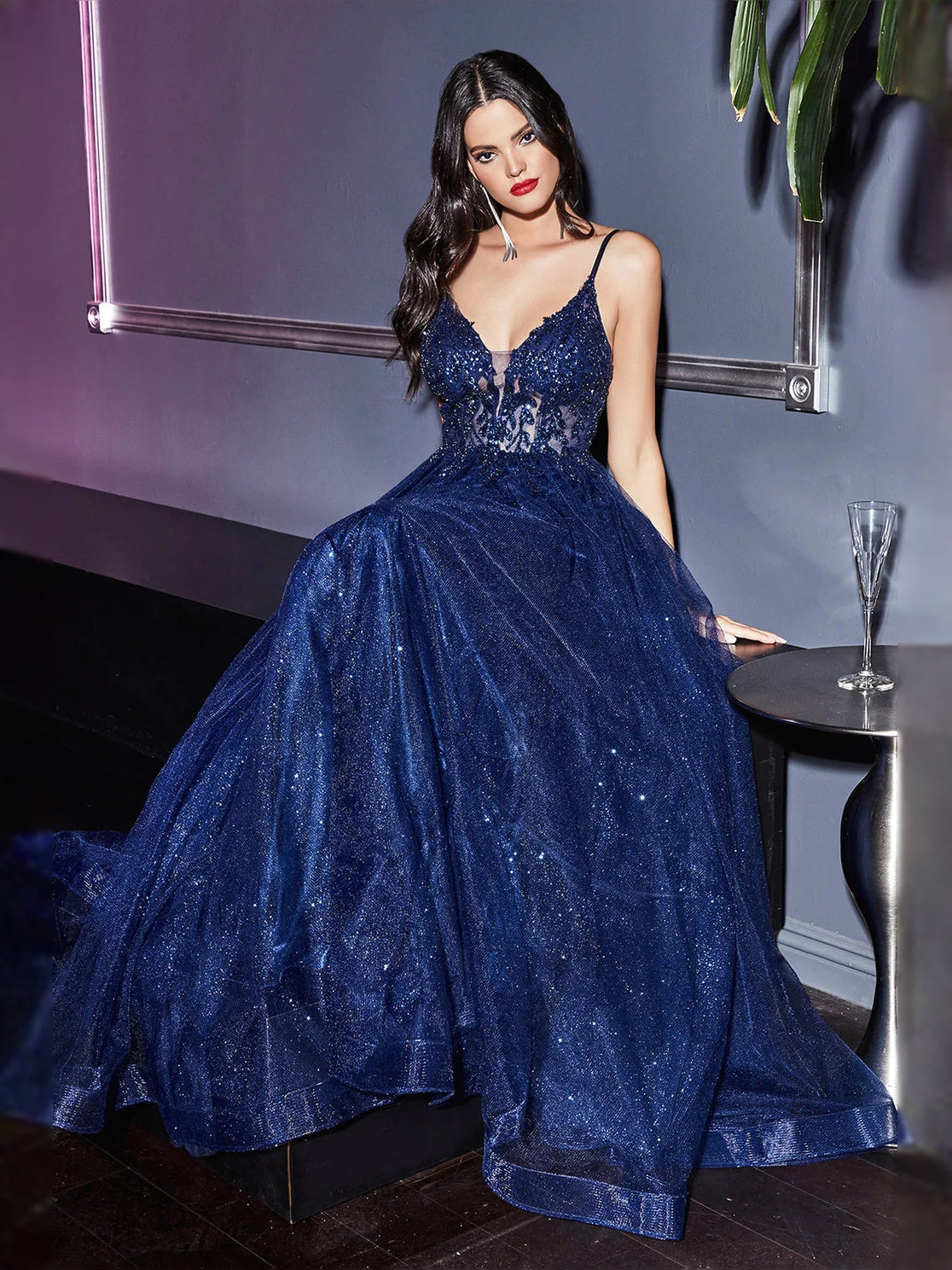 Navy blue V-neck tulle prom dress with glitter bodice and wide A-line hem
