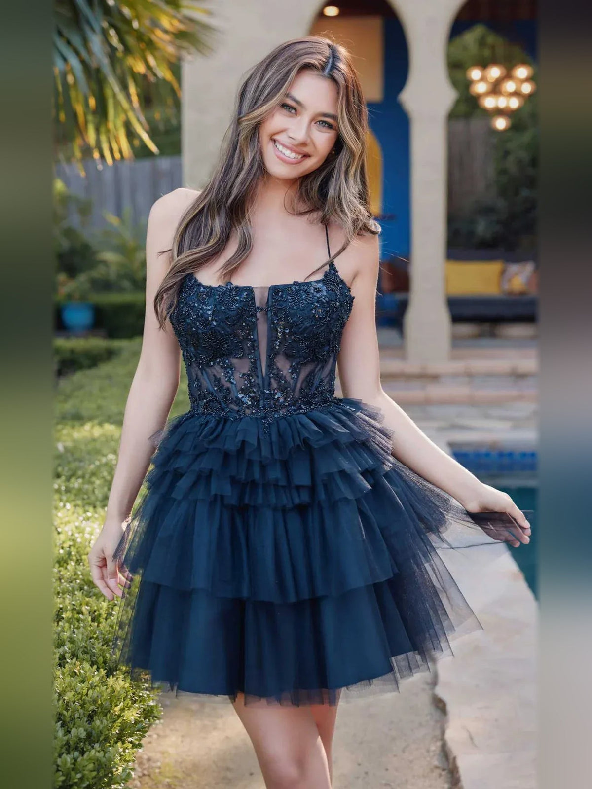 Dark navy sweetheart corset bodice tiered ruffled tulle A-line short dress