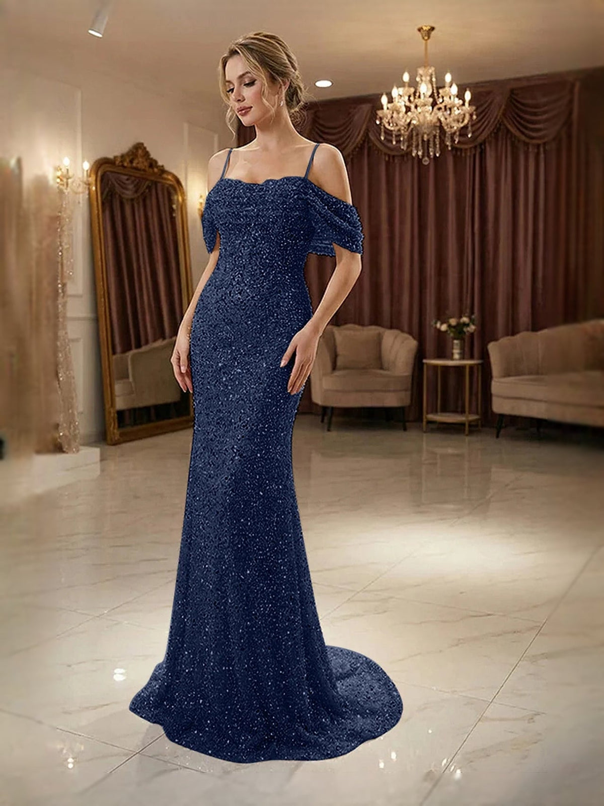 Navy blue beaded off-shoulder mermaid prom dress with draped ruffle sleeves, floor-length.