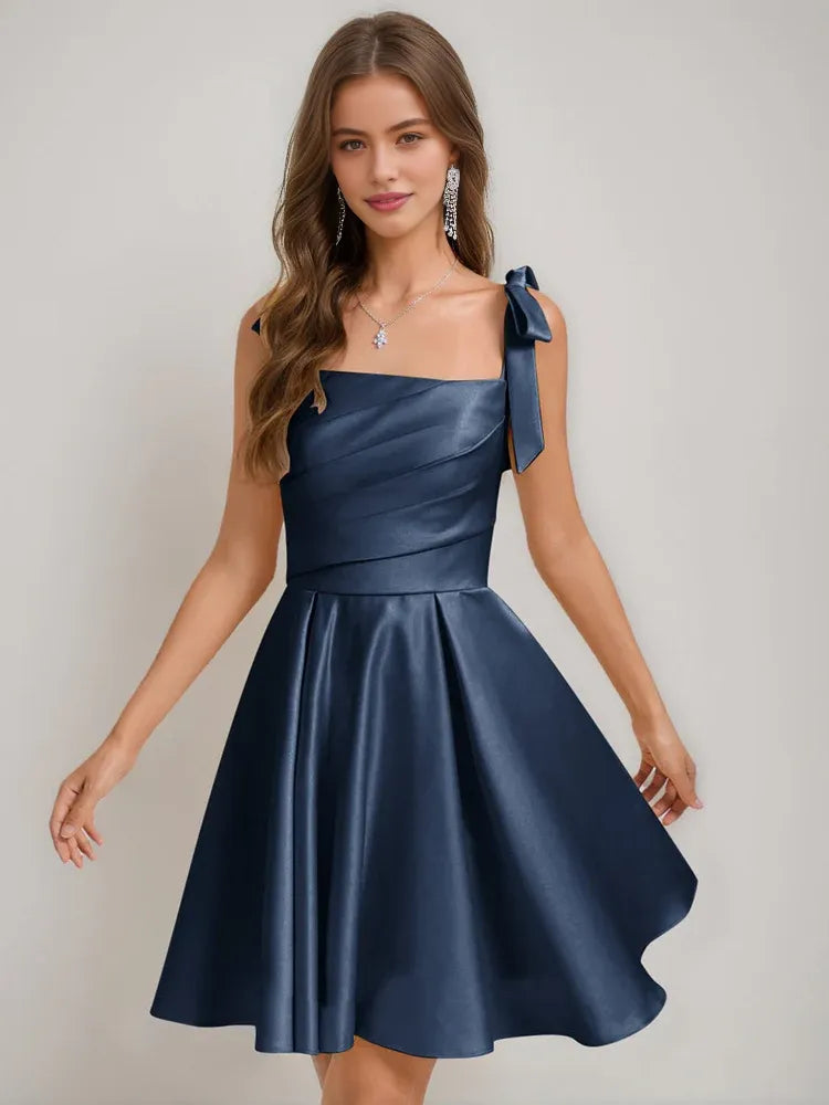 Navy blue satin corset square-neck A-line short dress with side bow strap