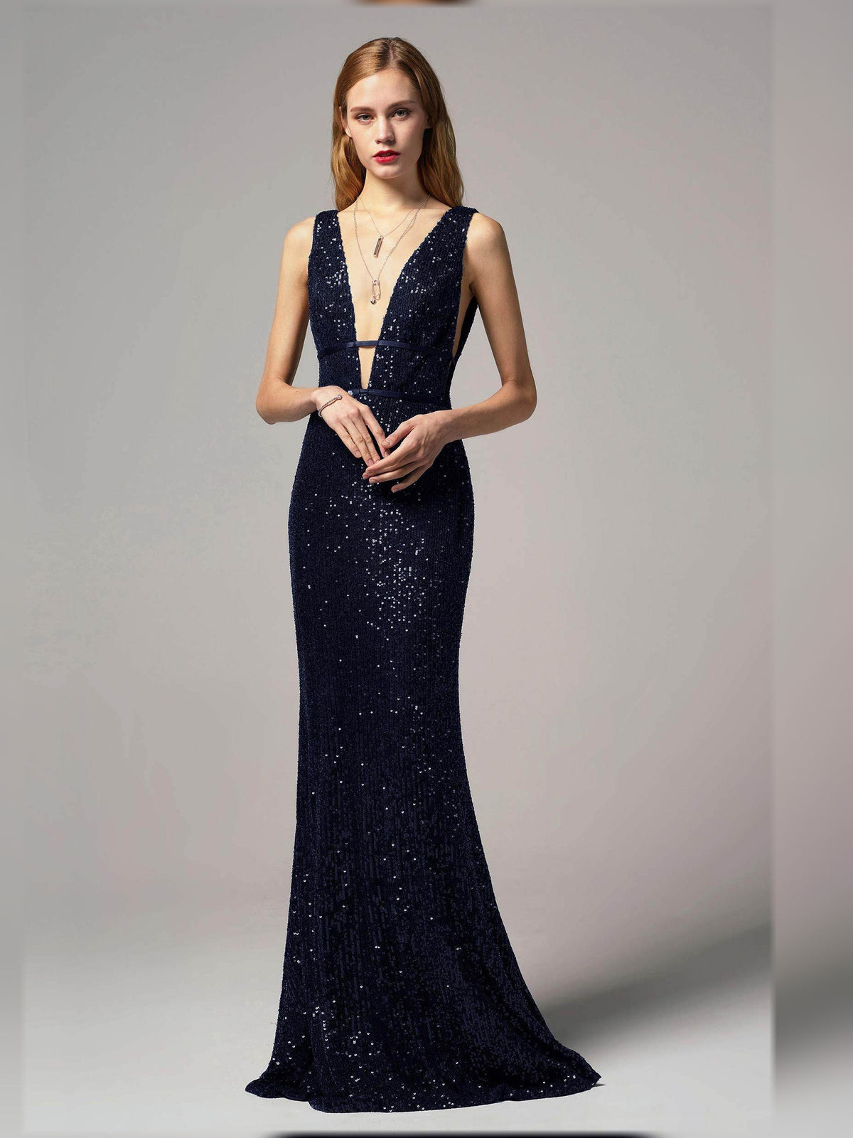 Navy beaded sheath formal dress with open back, V-neck, floor-length