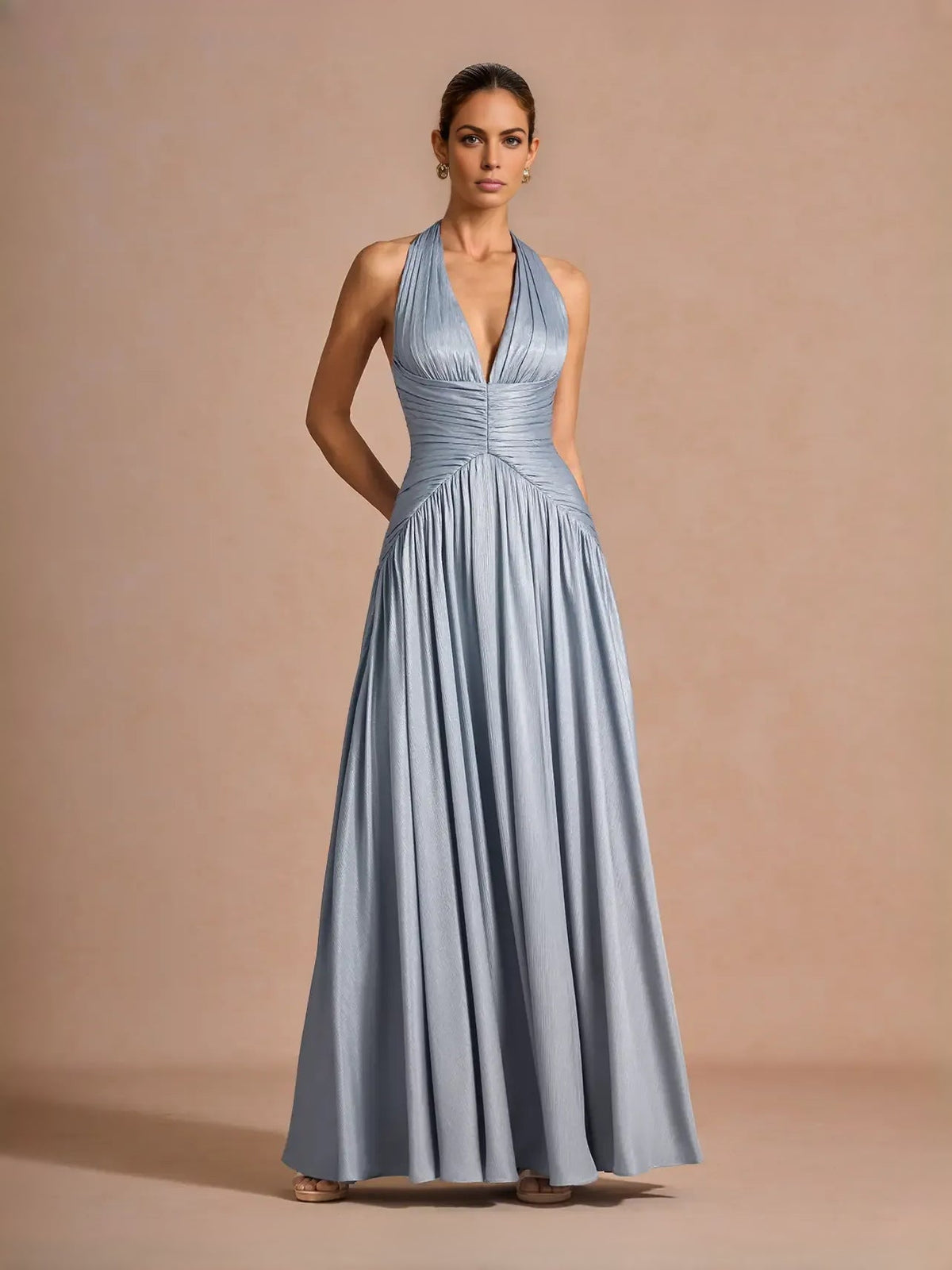 Powder blue ruched corset V-neck A-line maxi prom dress with gathered chiffon skirt