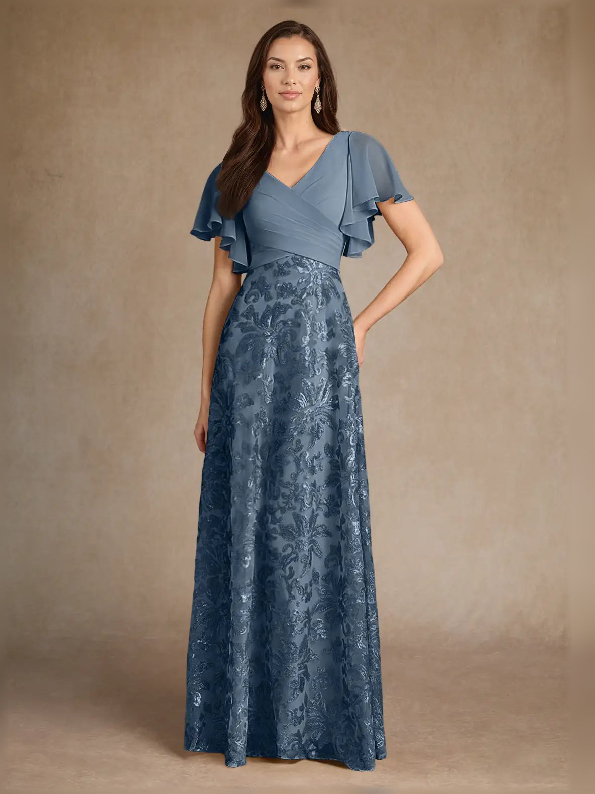 Dusty blue V-neck A-line maxi chiffon dress with ruffled flutter sleeves and flowing skirt