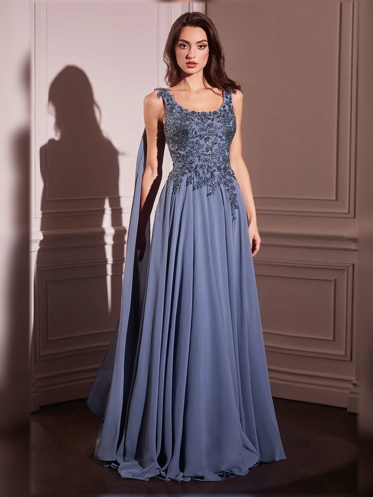 Dusty blue scoop-neck beaded A-line formal dress, sleeveless, floor length