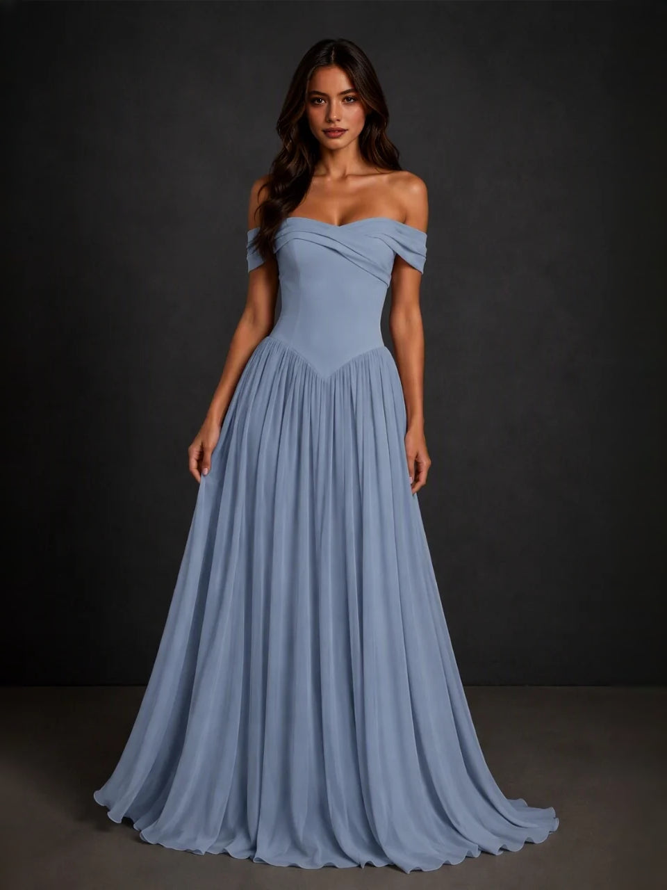 Corset sweetheart A-line floor-length dress in dusty blue with draped bodice