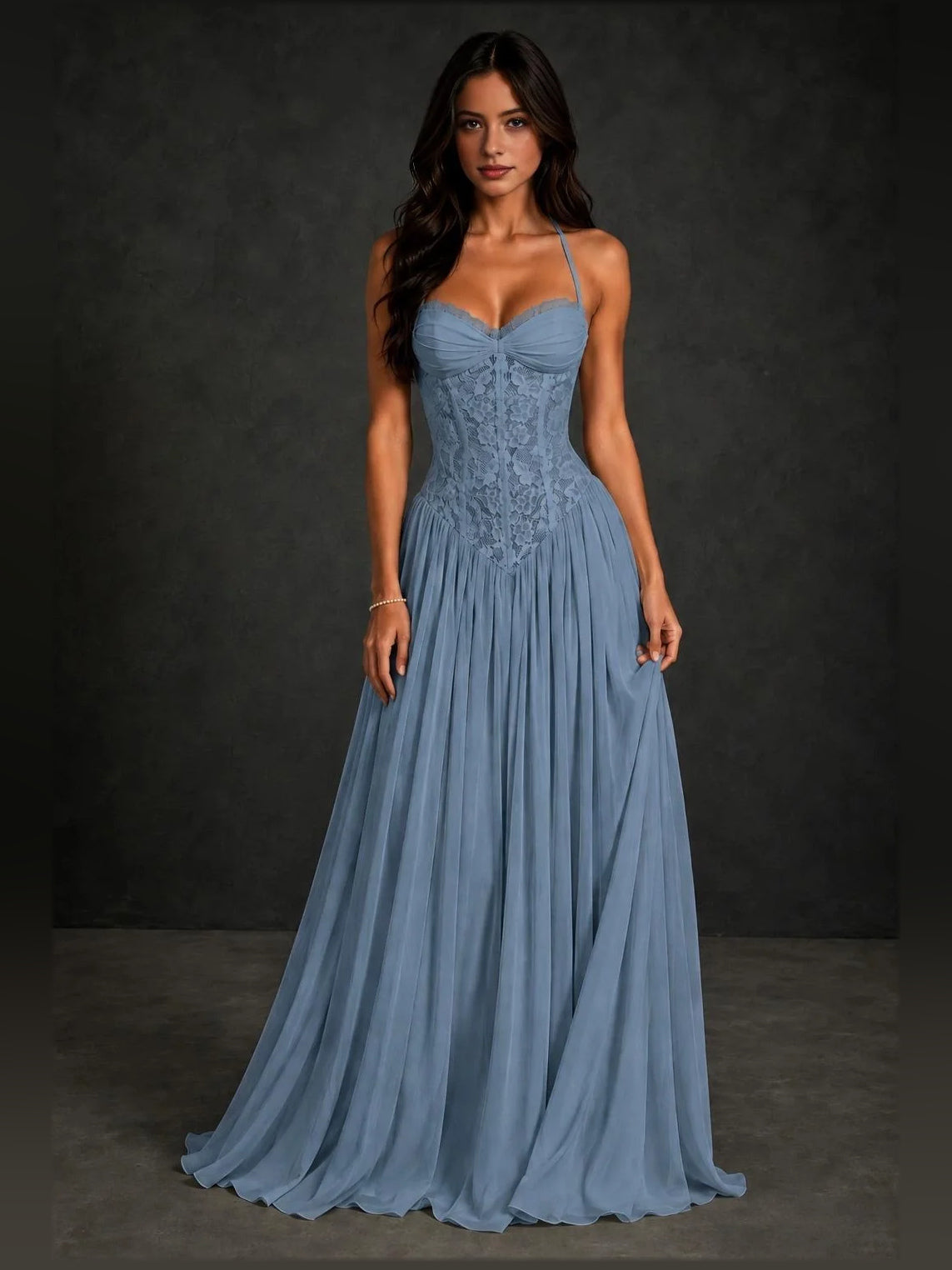 Dusty blue sweetheart A-line prom dress with ruched bodice and pleated floor-length skirt