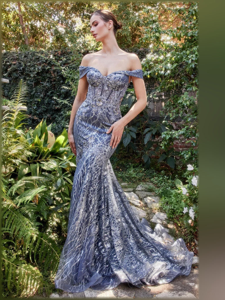 Off-shoulder corset mermaid formal dress in slate blue, floor-length lace sequin texture