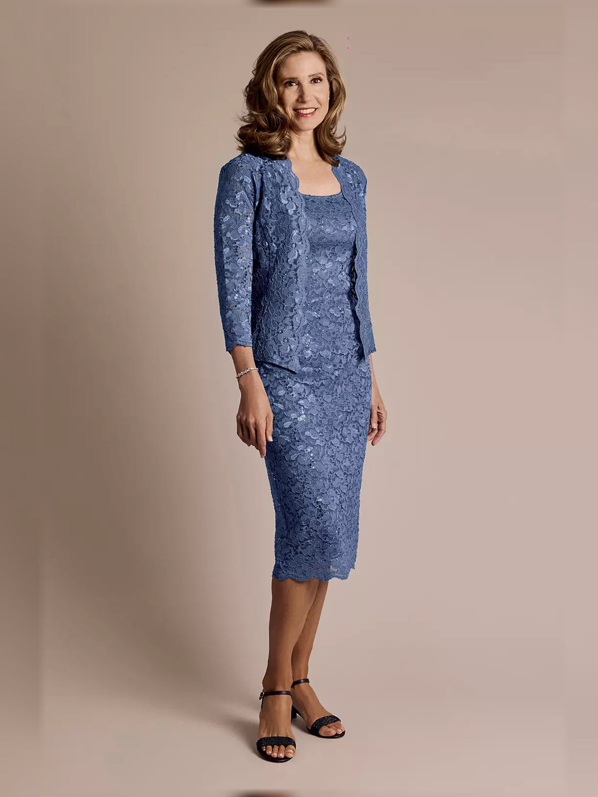 Slate blue sequined sheath dress with square neckline and 3/4 sleeves, knee length