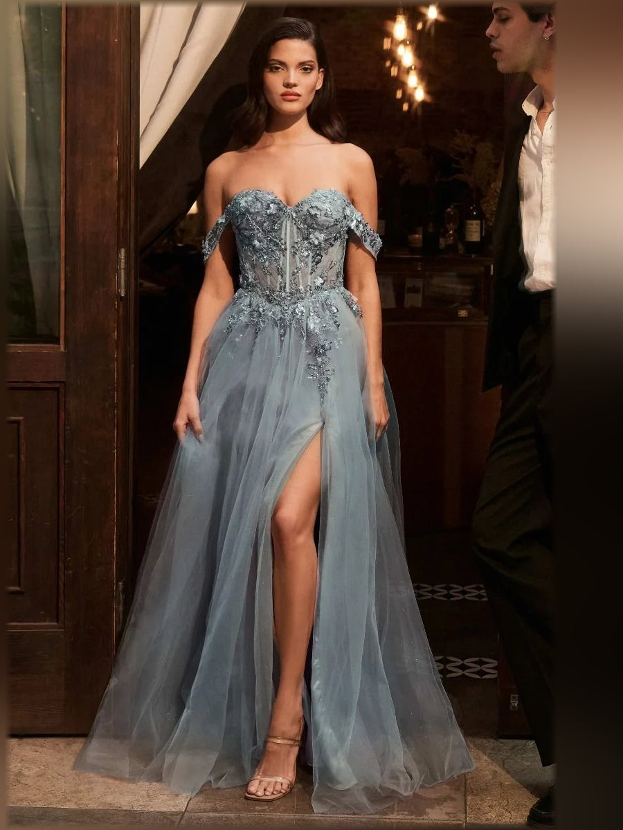 Slate blue floral off-the-shoulder corset formal dress, floor-length sheer skirt slit