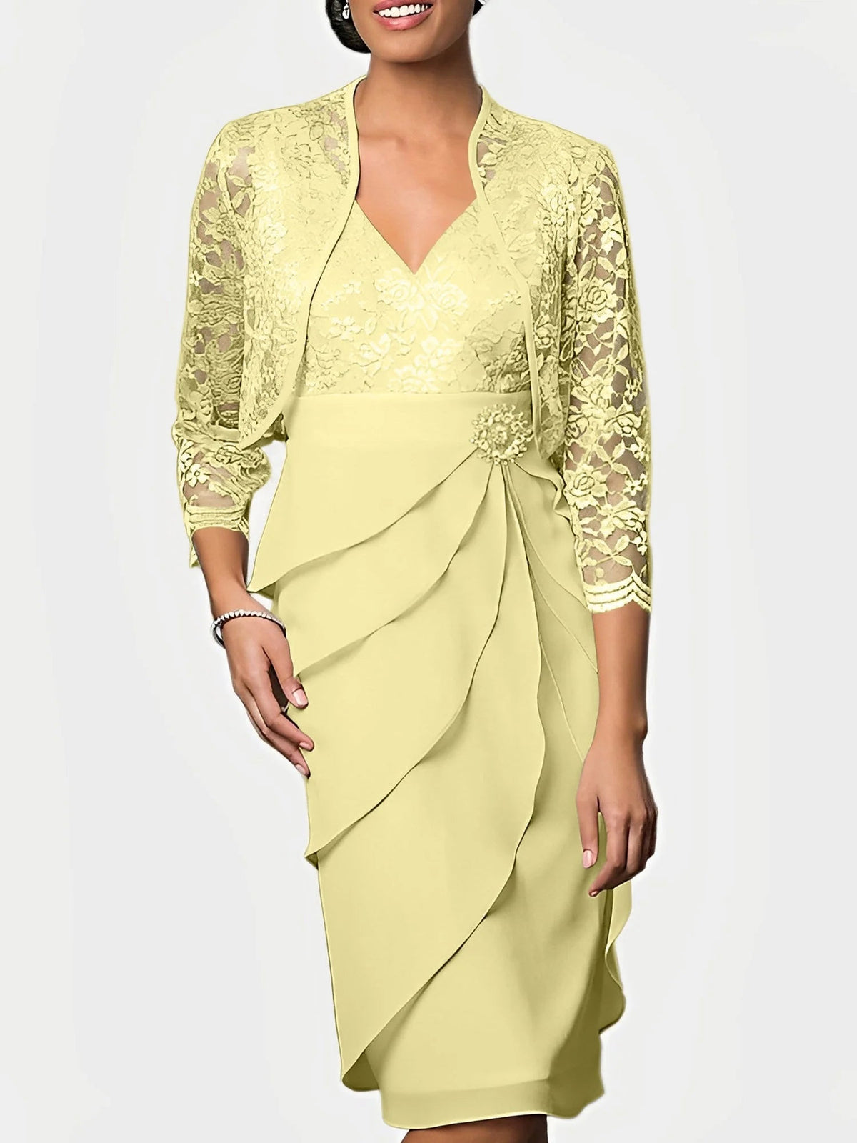 Ruffled V-neck fit-and-flare knee-length mother of the bride dress in pale yellow