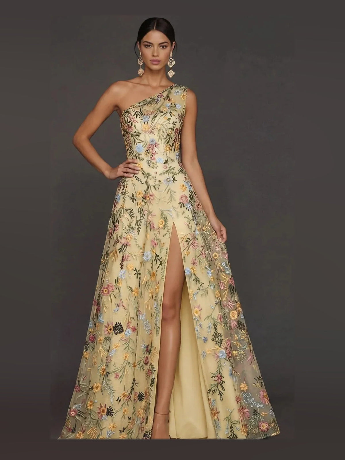 One-shoulder embroidered floral tulle prom dress with front slit, A-line, pale yellow