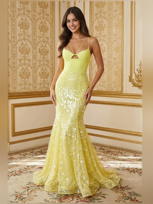 Yellow sequined V-neck corset formal dress with bust cutout, thin straps, floor-length