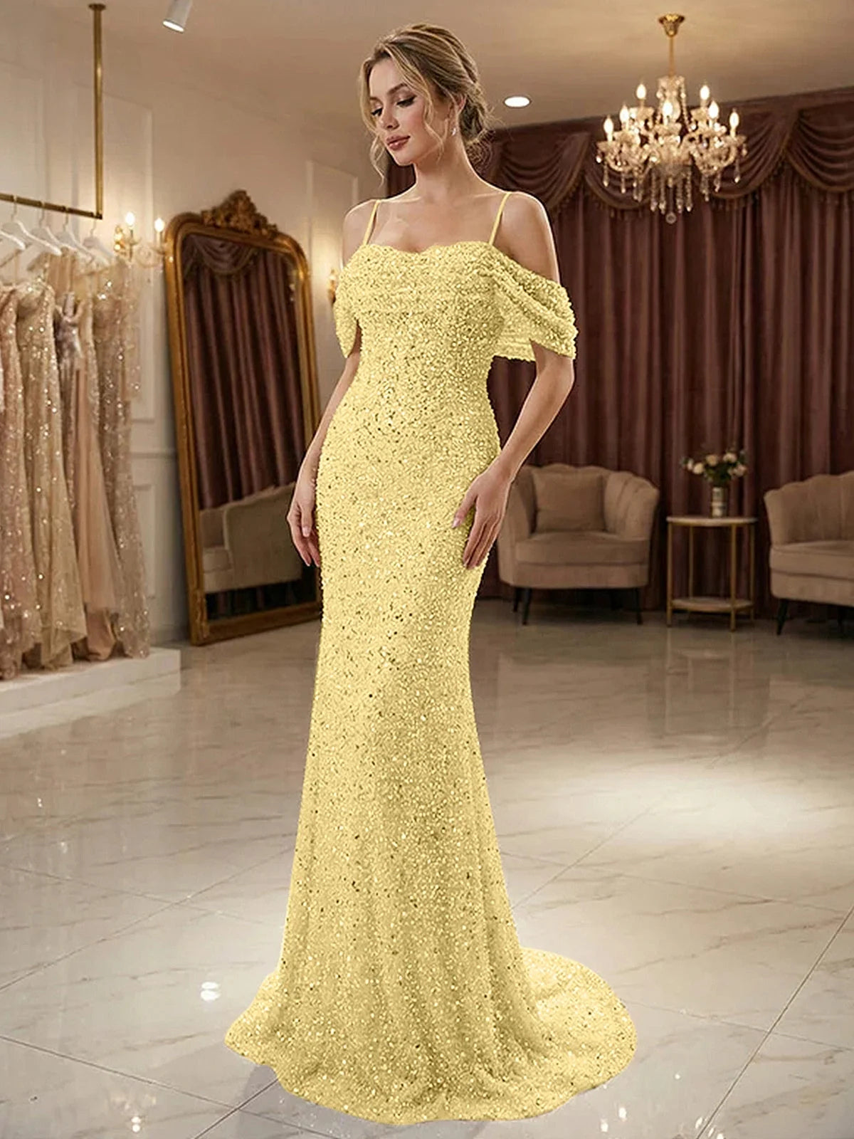 Champagne gold beaded off-shoulder mermaid prom dress with ruffled neckline, floor-length.