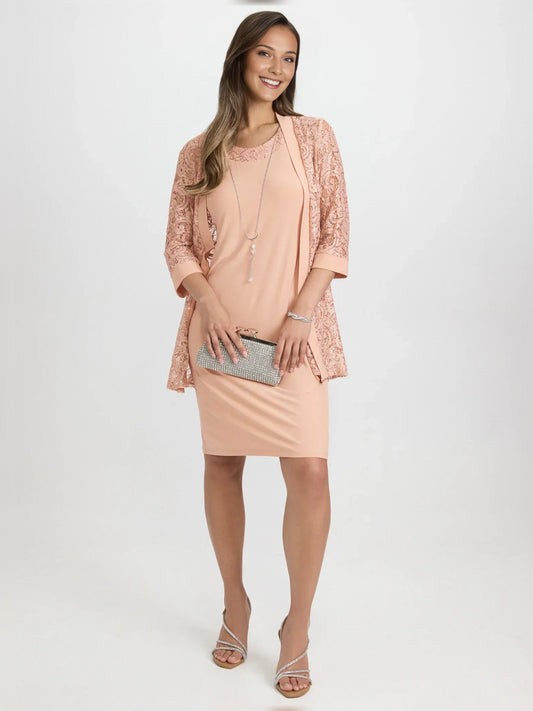 Pearl pink halter neck midi jersey dress with lace 3/4 sleeves and ruched neckline