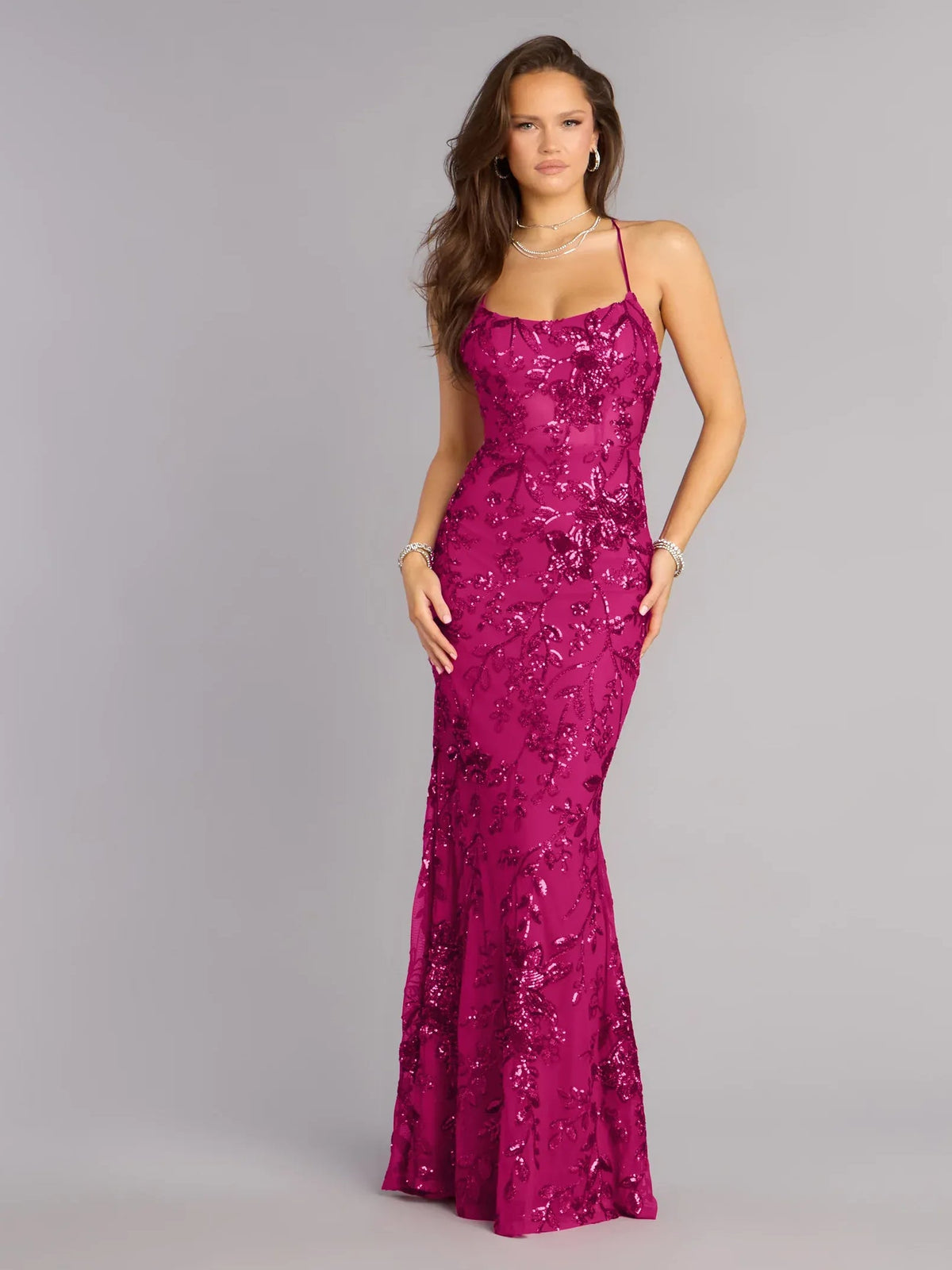 Fuchsia sequin mermaid formal dress with spaghetti straps, full-length front