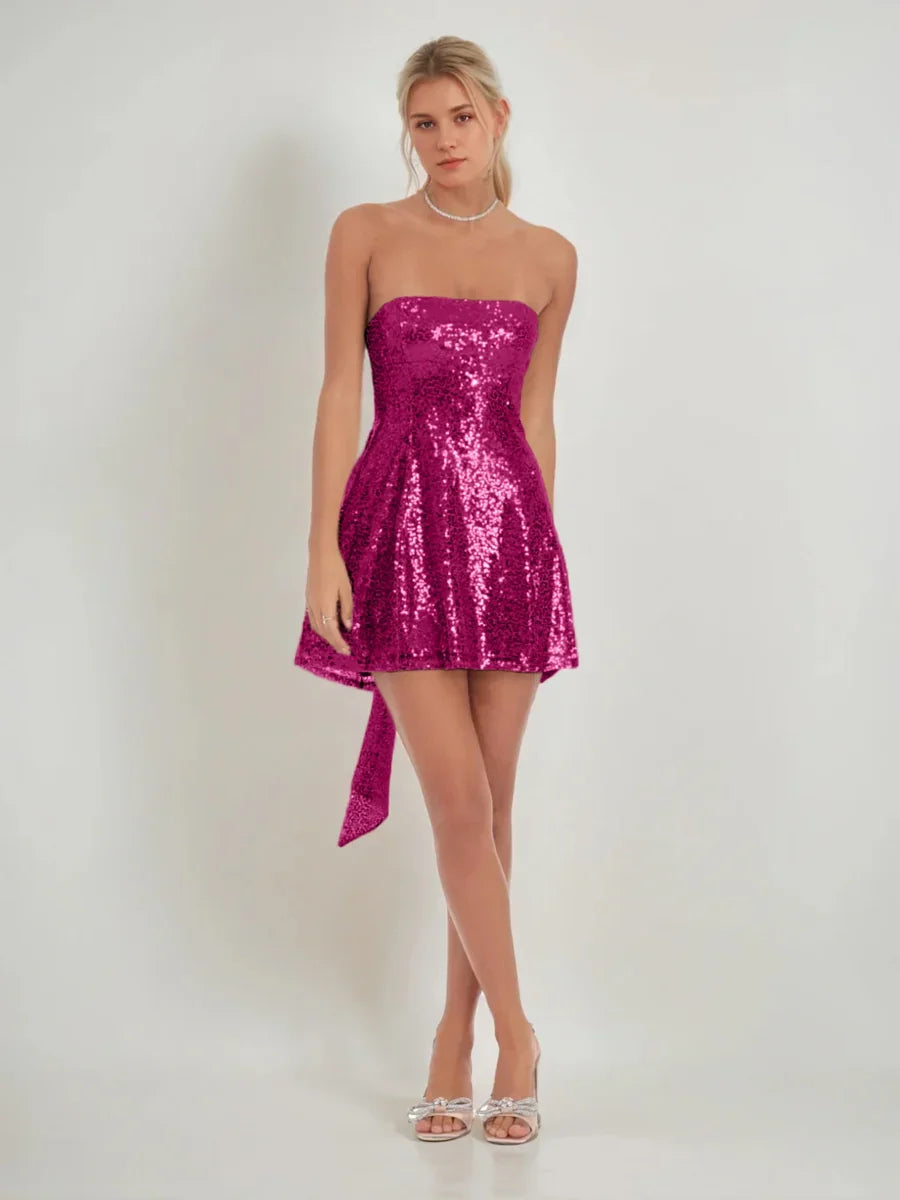 Bow sequin strapless A-line mini homecoming dress, fuchsia shimmer with side bow