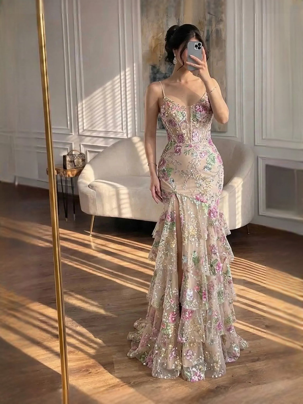 Floral corset-front mermaid evening gown with ruffled V-neck and front slit